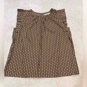 Ann Taylor Loft Shirt Brown Black White Flutter Cap Sleeve Popover Top Size Larg